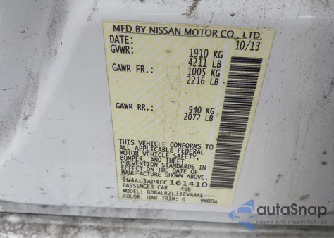 2014 Nissan Altima 2.5 S z USA, uszkodzony, nr VIN 1N4AL3AP4EC161410